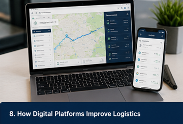 Panel de una plataforma logística digital que muestra seguimiento, comunicación y pedidos de transporte