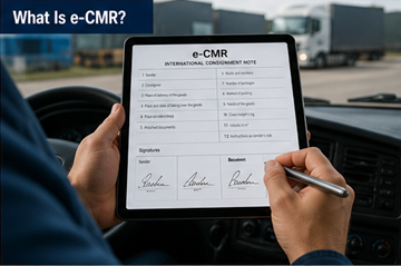 Documento CMR digital mostrado en una tableta utilizada por un conductor en un entorno de transporte logístico