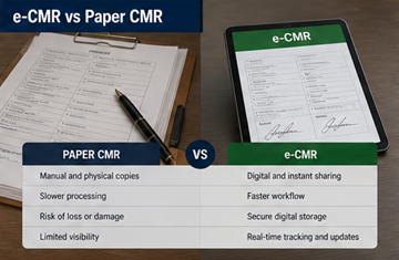 Comparación entre un documento CMR en papel y un e-CMR digital en una tableta, mostrando la transformación logística moderna
